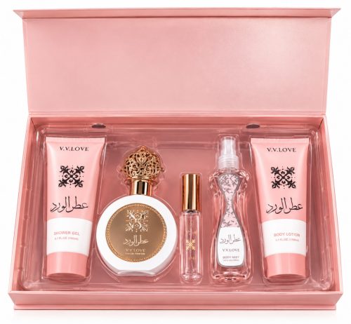 V. V. Love 5 darabos szett - Rose'd Atlar (tusfürdő, testápoló, parfüm, dekant, testpermet)