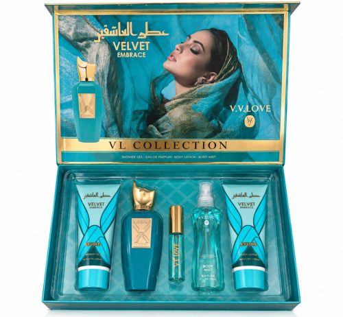 V. V. Love 5 darabos szett - Velvet Embrace (tusfürdő, testápoló, parfüm, dekant, testpermet)