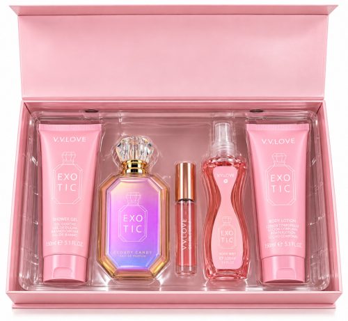 V. V. Love 5 darabos szett - Exotic cloud candy (tusfürdő, testápoló, parfüm, dekant, testpermet)