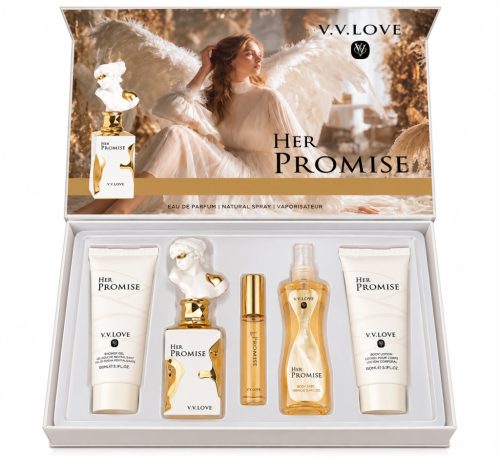 V. V. Love 5 darabos szett - Her Promise (tusfürdő, testápoló, parfüm, dekant, testpermet)